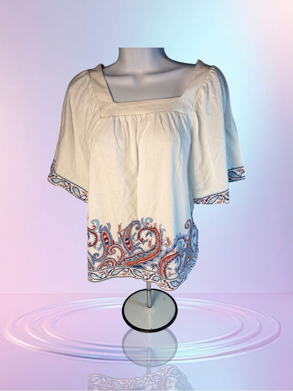 J. Jill White Blouse Sz SP  Paisley Print Flutter Elbow Sleeve Square Neck Boho